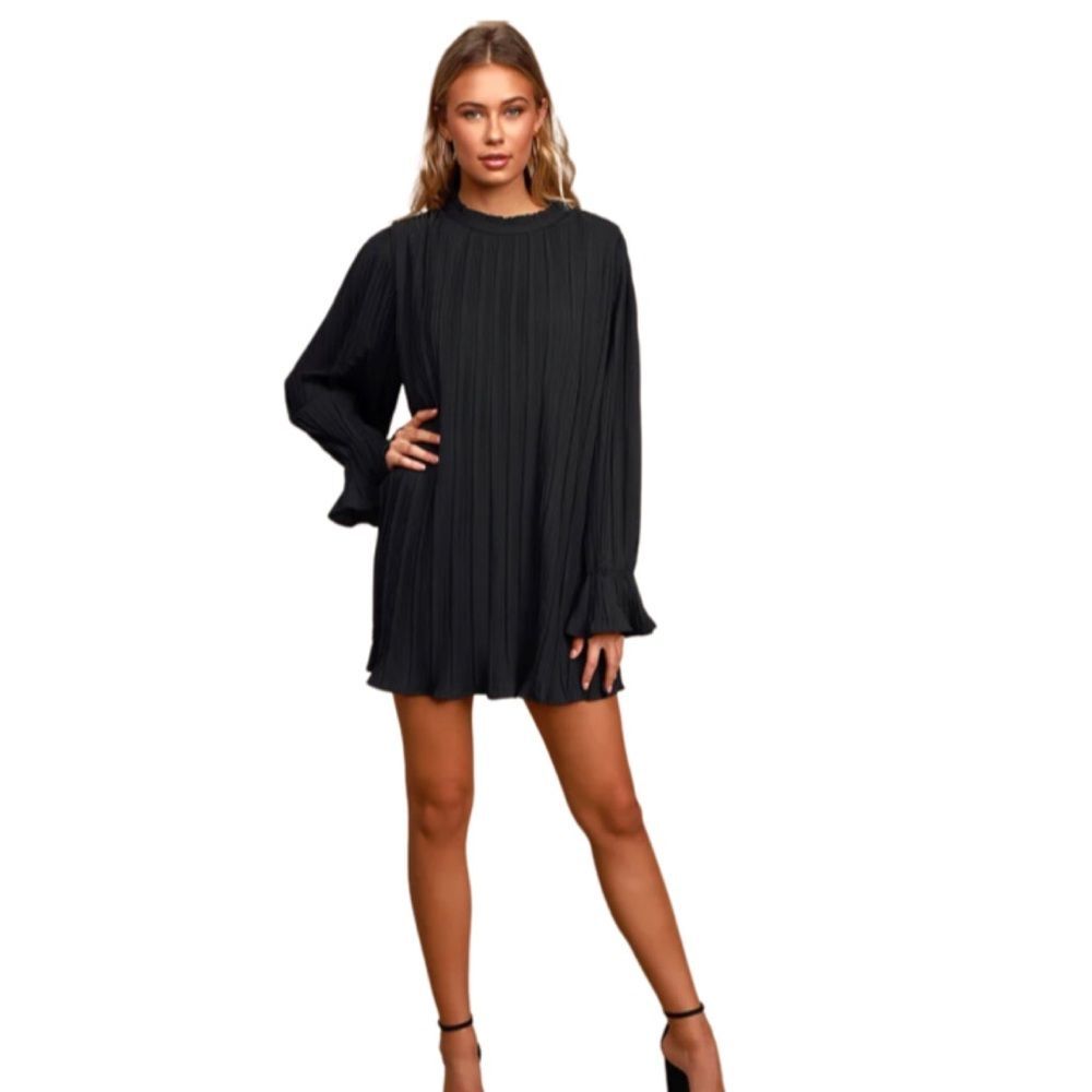Lulu's Black Pleated Long Sleeve Mini Dress